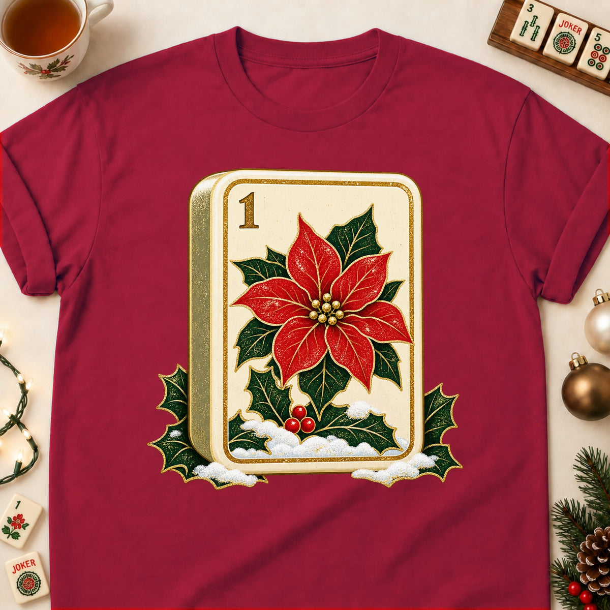 Poinsettia Flower Tile mahjong T-shirt in Cardinal Red, laid flat. [bb c=cardinal-red r=flat]