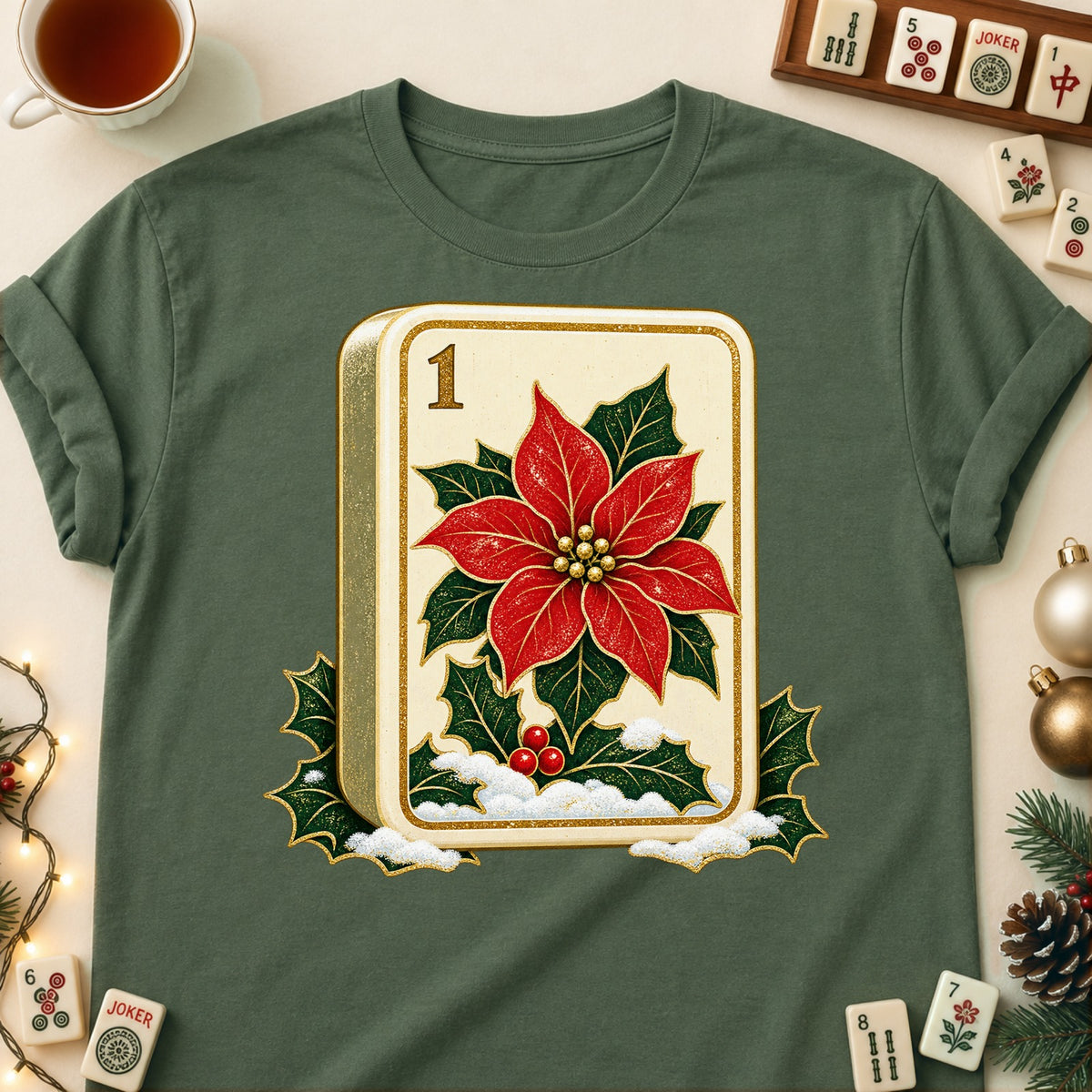 Poinsettia Flower Tile mahjong T-shirt in Military Green, laid flat. [bb c=military-green r=flat]