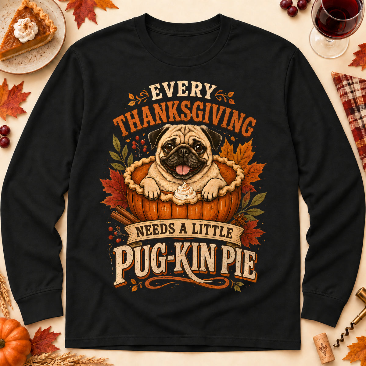 Every Thanksgiving Needs A Little Pug-Kin Pie Colored Print Long Sleeves in Black — flat lay