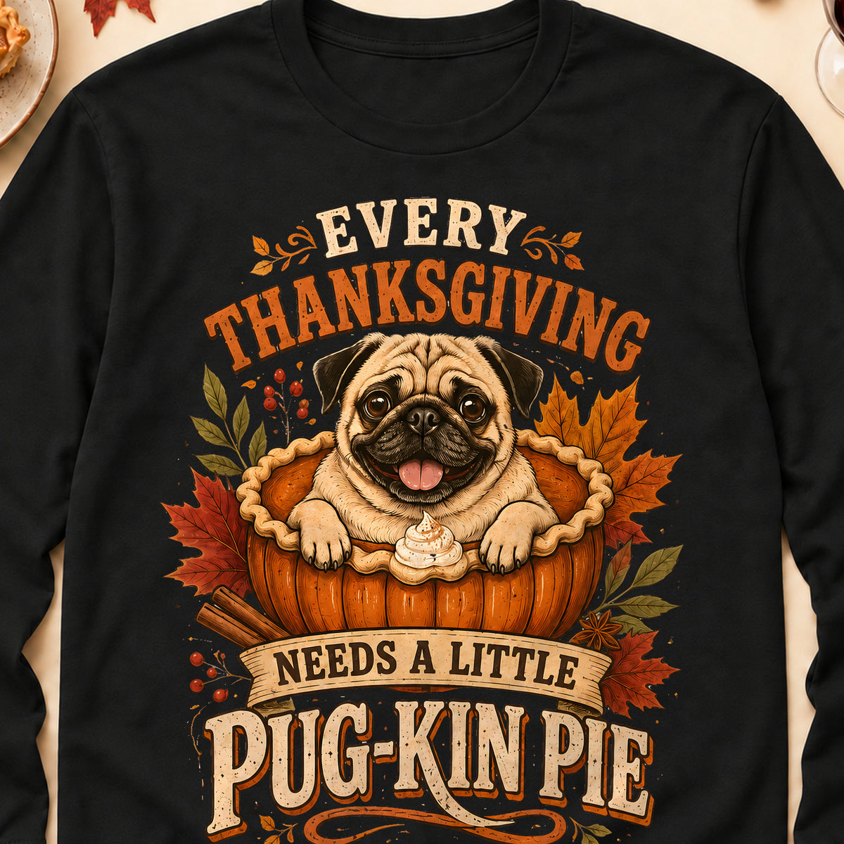 Every Thanksgiving Needs A Little Pug-Kin Pie Colored Print Long Sleeves in Black — design detail