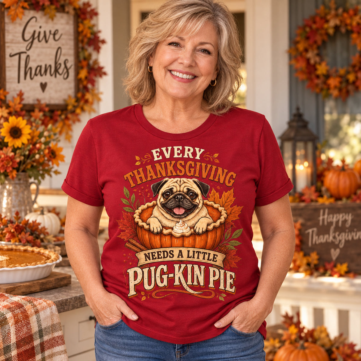 Every Thanksgiving Needs A Little Pug-Kin Pie Colored Print T-Shirt in Cardinal Red — modeled lifestyle