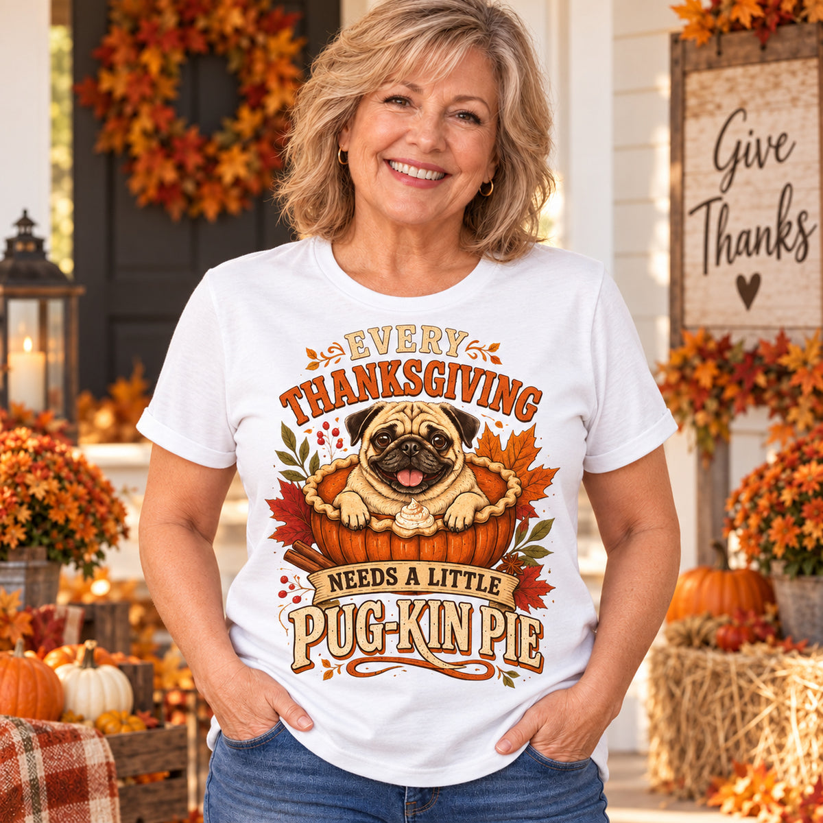 Every Thanksgiving Needs A Little Pug-Kin Pie Colored Print T-Shirt in White — modeled lifestyle