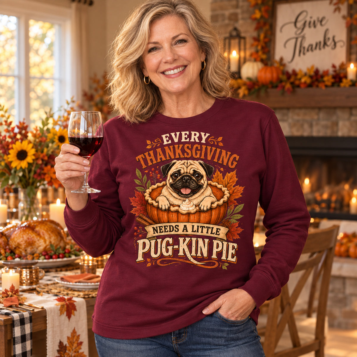 Every Thanksgiving Needs A Little Pug-Kin Pie Colored Print Long Sleeves in Maroon — generated model photo