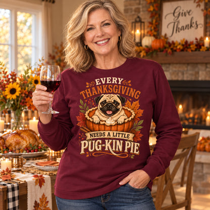 Every Thanksgiving Needs A Little Pug-Kin Pie Colored Print Long Sleeves in Maroon — generated model photo