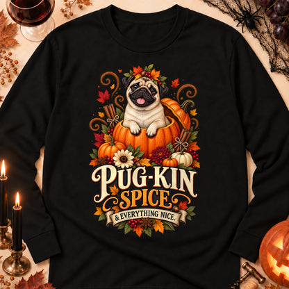Pug-Kin Spice And Everything Nice Colored Print Long Sleeves in Black — flat lay