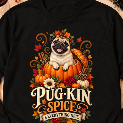 Pug-Kin Spice And Everything Nice Colored Print Long Sleeves in Black — design detail
