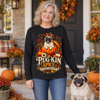 Pug-Kin Spice And Everything Nice Colored Print Long Sleeves in Black — modeled lifestyle