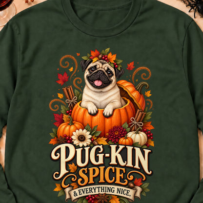 Pug-Kin Spice And Everything Nice Colored Print Long Sleeves in Forest Green — design detail