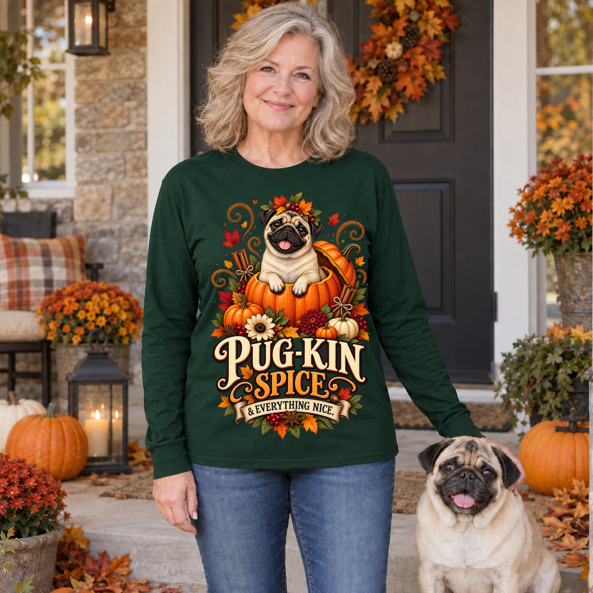 Pug-Kin Spice And Everything Nice Colored Print Long Sleeves in Forest Green — modeled lifestyle