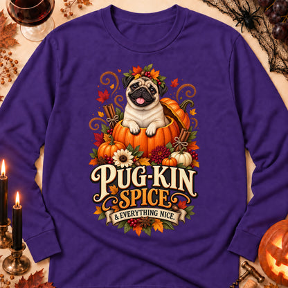 Pug-Kin Spice And Everything Nice Colored Print Long Sleeves in Purple — flat lay