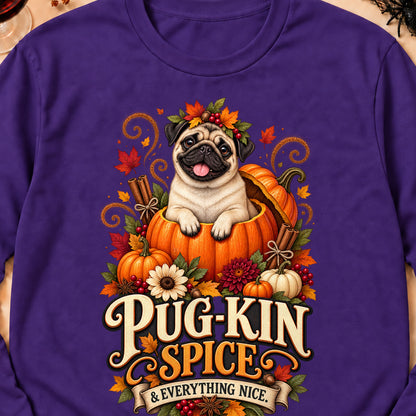 Pug-Kin Spice And Everything Nice Colored Print Long Sleeves in Purple — design detail
