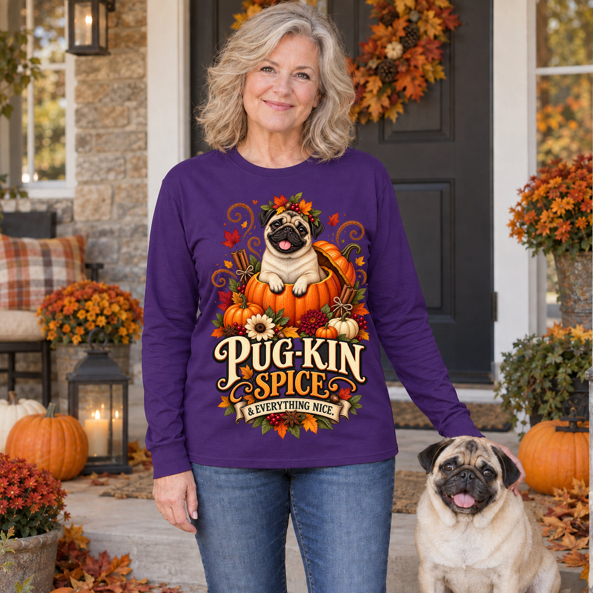 Pug-Kin Spice And Everything Nice Colored Print Long Sleeves in Purple — modeled lifestyle