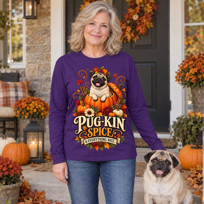 Pug-Kin Spice And Everything Nice Colored Print Long Sleeves in Purple — modeled lifestyle