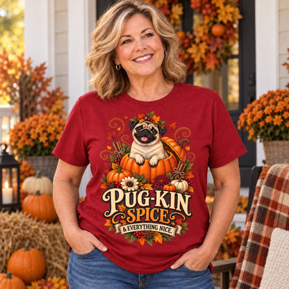 Pug-Kin Spice And Everything Nice Colored Print T-Shirt in Cardinal Red — modeled lifestyle
