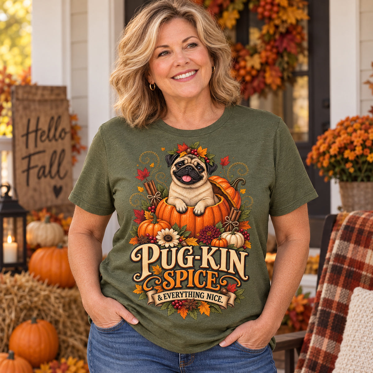 Pug-Kin Spice And Everything Nice Colored Print T-Shirt in Military Green — modeled lifestyle
