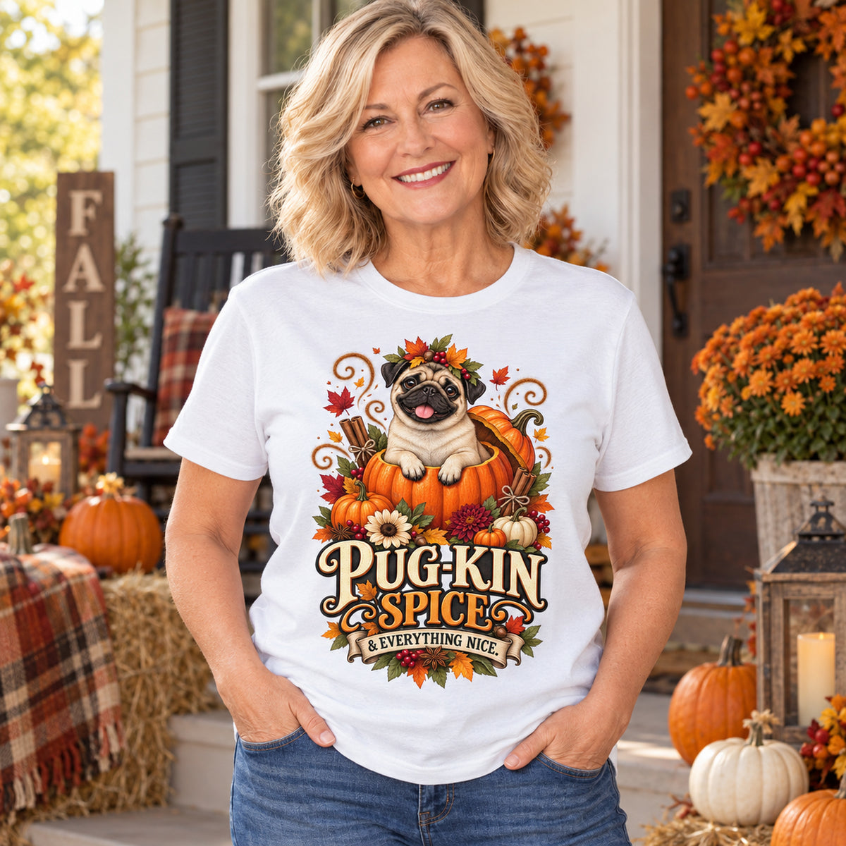 Pug-Kin Spice And Everything Nice Colored Print T-Shirt in White — modeled lifestyle