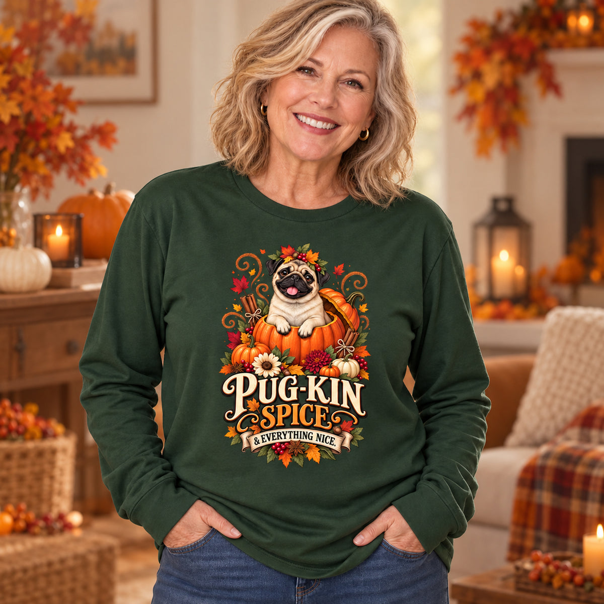 Pug-Kin Spice And Everything Nice Colored Print Long Sleeves in Forest Green — generated model photo