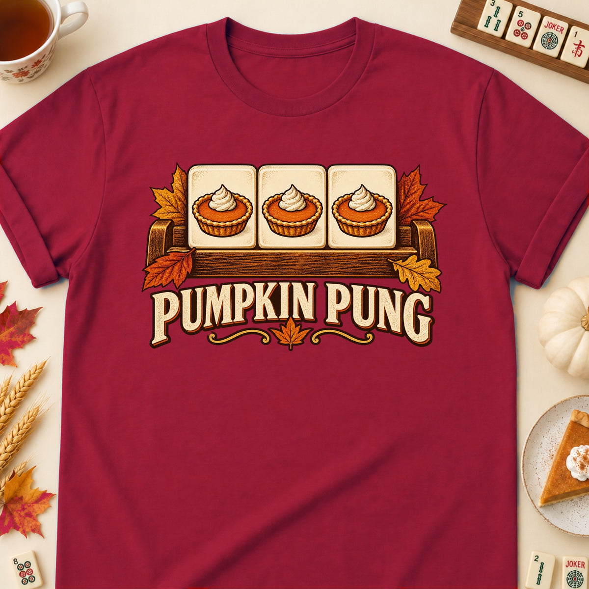 Pumpkin Pung mahjong T-shirt in Cardinal Red, laid flat. [bb c=cardinal-red r=flat]