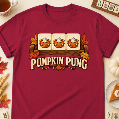 Pumpkin Pung mahjong T-shirt in Cardinal Red, laid flat. [bb c=cardinal-red r=flat]