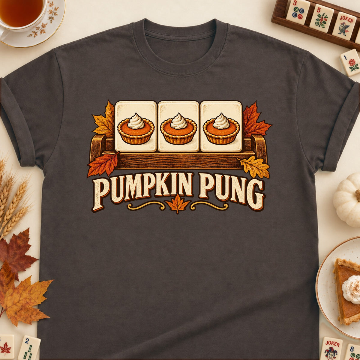 Pumpkin Pung mahjong T-shirt in Dark Chocolate, laid flat. [bb c=dark-chocolate r=flat]