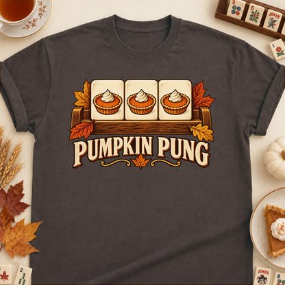 Pumpkin Pung mahjong T-shirt in Dark Chocolate, laid flat. [bb c=dark-chocolate r=flat]