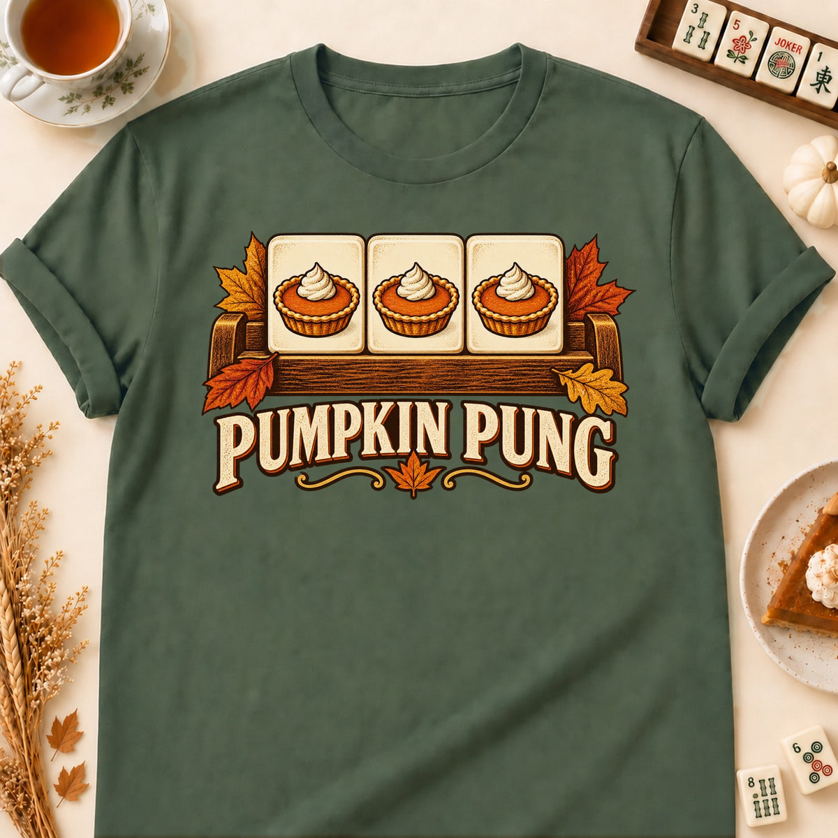 Pumpkin Pung mahjong T-shirt in Military Green, laid flat. [bb c=military-green r=flat]