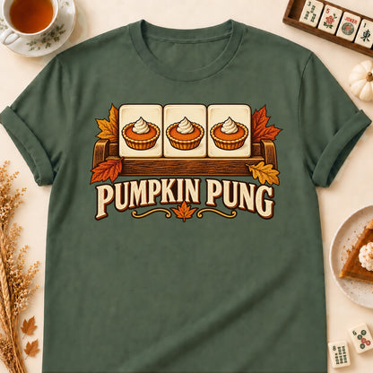 Pumpkin Pung mahjong T-shirt in Military Green, laid flat. [bb c=military-green r=flat]