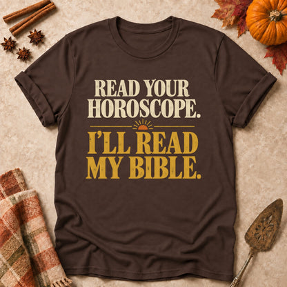 I'll Read My Bible faith T-shirt in Dark Chocolate, laid flat. [bb c=dark-chocolate r=flat]