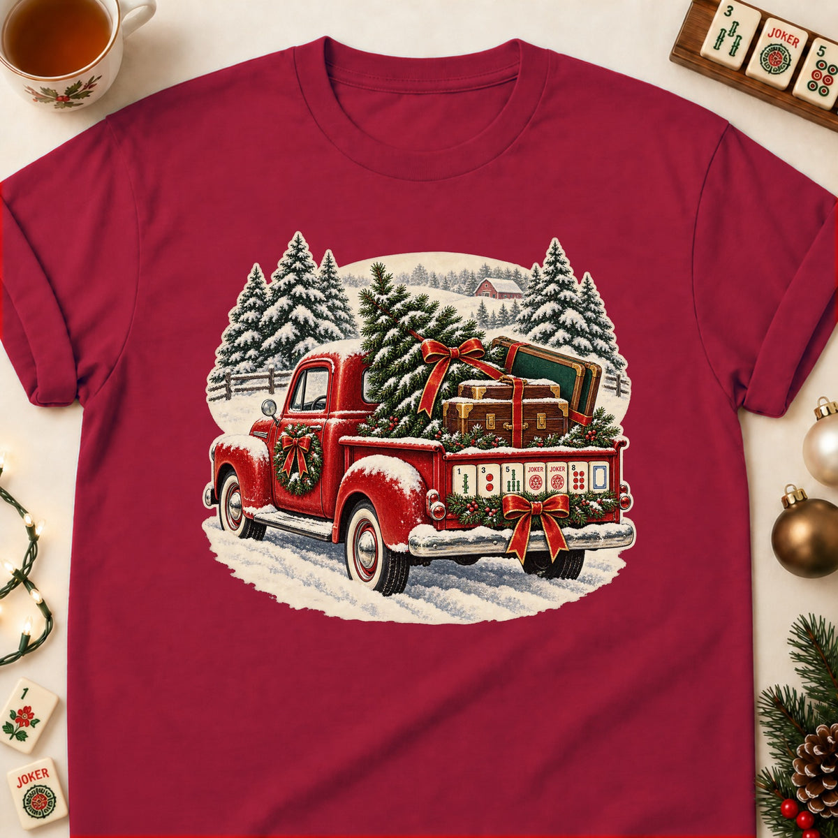 Red truck mahjong T-shirt in Cardinal Red, laid flat. [bb c=cardinal-red r=flat]