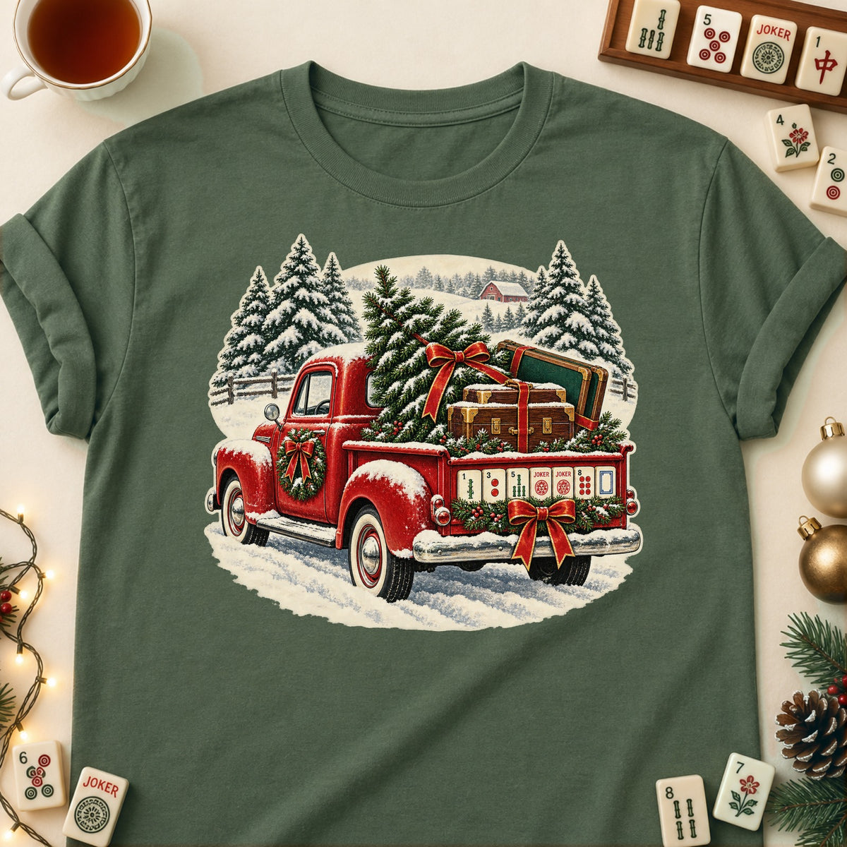 Red truck mahjong T-shirt in Military Green, laid flat. [bb c=military-green r=flat]