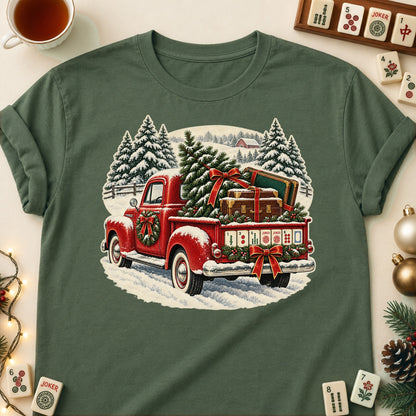 Red truck mahjong T-shirt in Military Green, laid flat. [bb c=military-green r=flat]