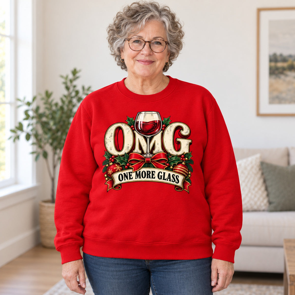 OMG One More Glass sweatshirt in Red, worn by Judy. Judy is 5′4″ and wears her usual size 2XL. [bb c=red r=body2]