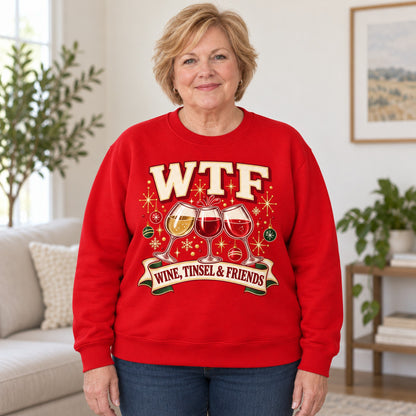 WTF Wine, Tinsel & Friends sweatshirt in Red, worn by Sandy. Sandy is 5′4″ and wears her usual size 2XL. [bb c=red r=body2]
