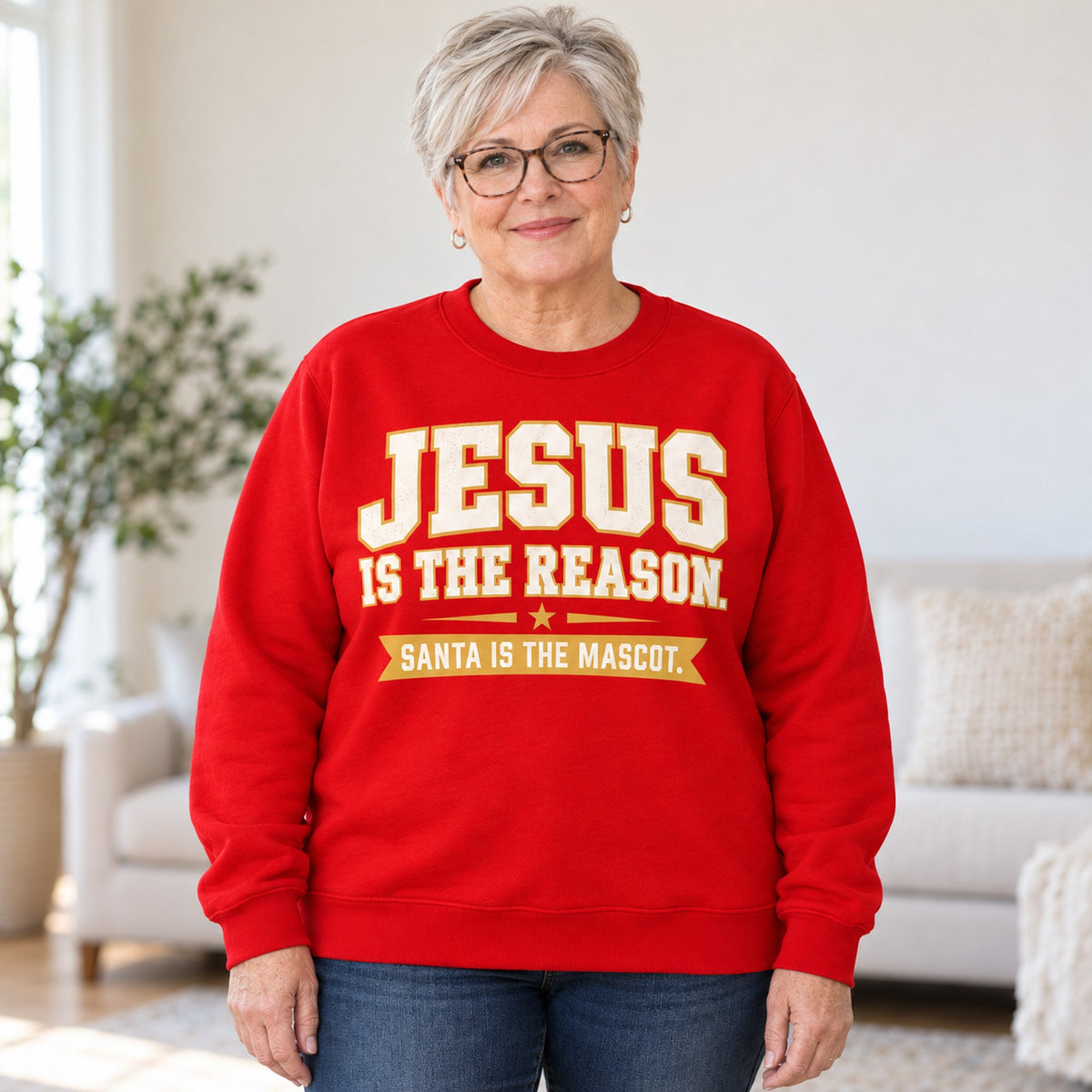 Jesus Is The Reason sweatshirt in Red, worn by Maureen. Maureen is 5′3″ and wears her usual size 2XL. [bb c=red r=body2]