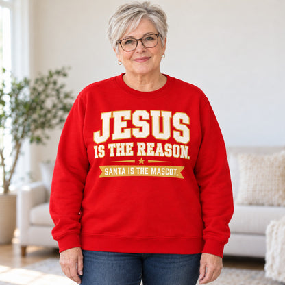 Jesus Is The Reason sweatshirt in Red, worn by Maureen. Maureen is 5′3″ and wears her usual size 2XL. [bb c=red r=body2]
