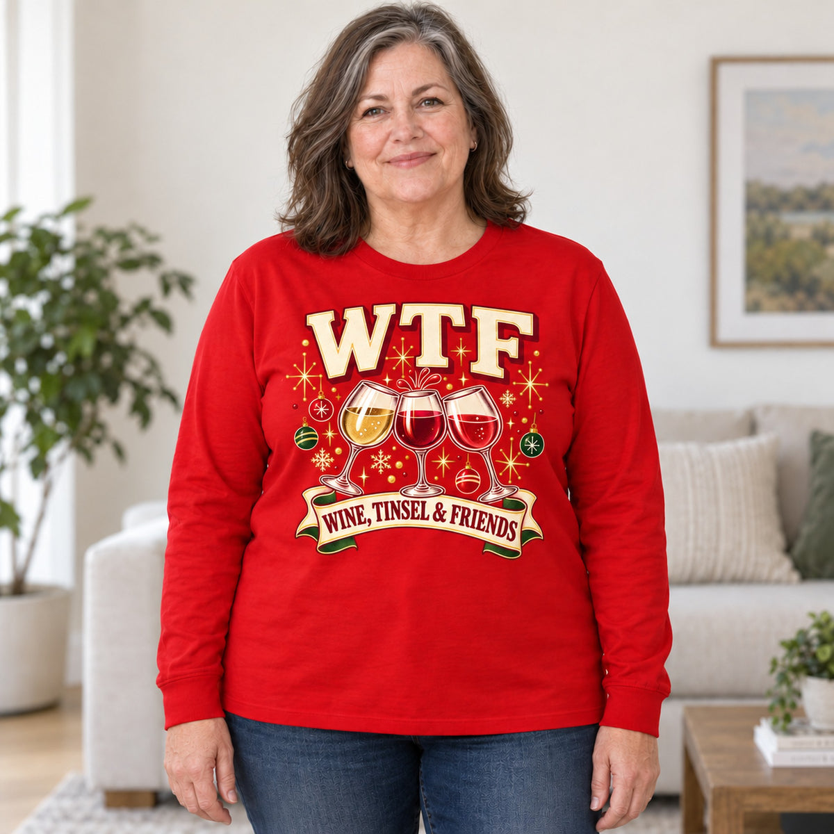 WTF Wine, Tinsel & Friends long sleeve in Red, worn by Gail. Gail is 5′3″ and wears her usual size 2XL. [bb c=red r=body2]