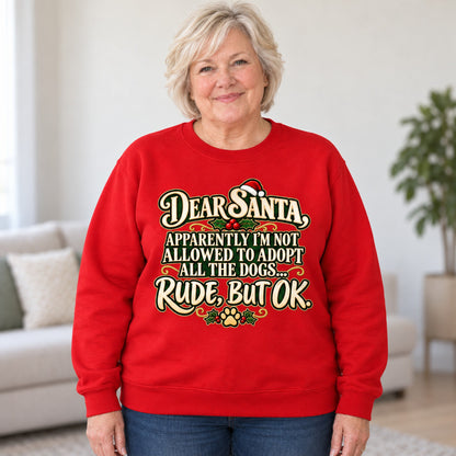 Dear Santa dog mom sweatshirt in Red, worn by Connie. Connie is 5′4″ and wears her usual size 2XL. [bb c=red r=body2]