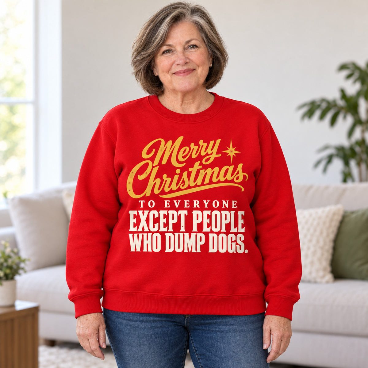 Merry Christmas Except People Who Dump Dogs sweatshirt in Red, worn by Diane. Diane is 5′4″ and wears her usual size 2XL. [bb c=red r=body2]