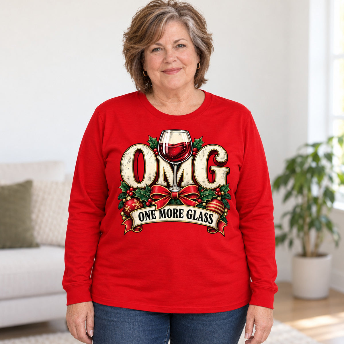 OMG One More Glass long sleeve in Red, worn by Pam. Pam is 5′3″ and wears her usual size 2XL. [bb c=red r=body2]