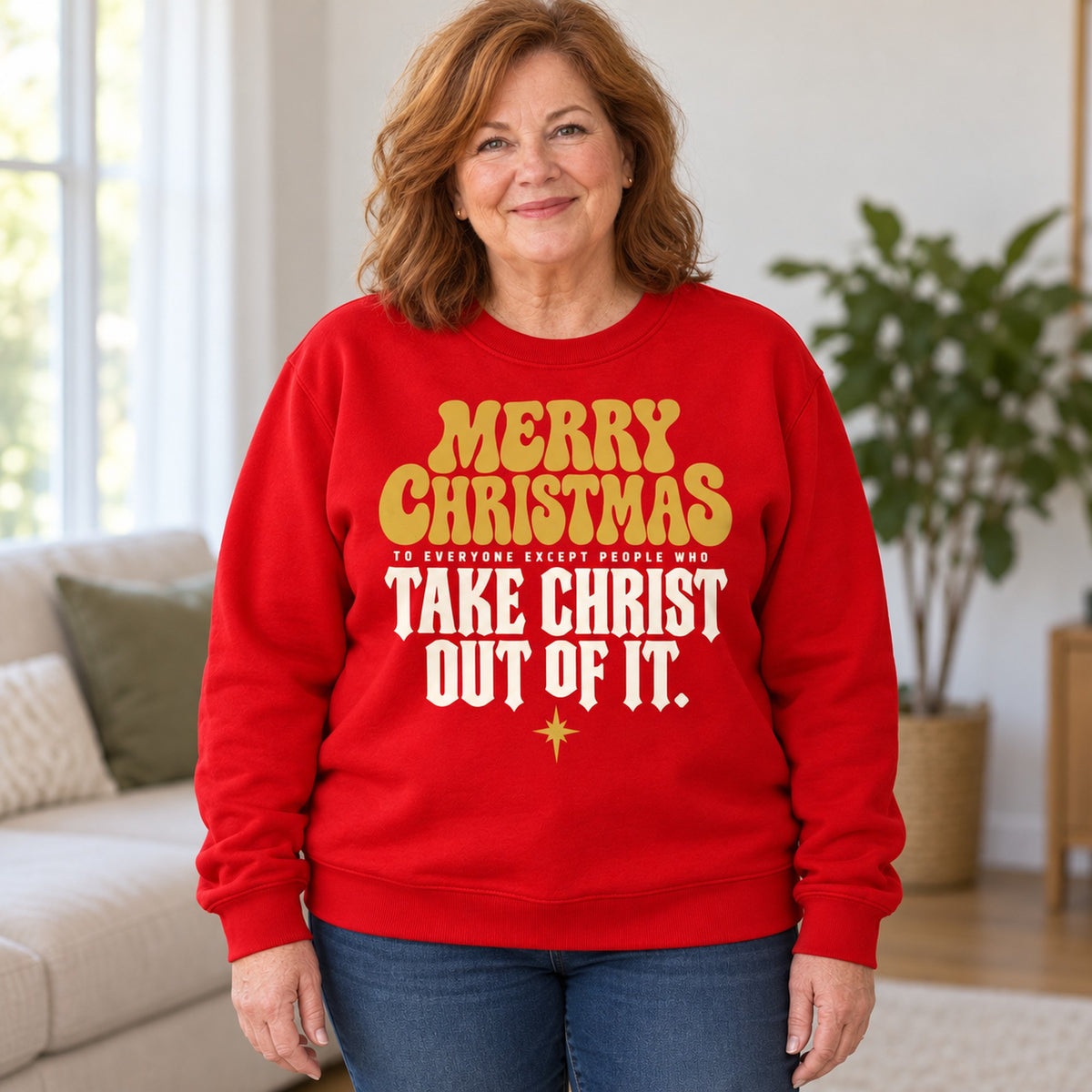 Merry Christmas Take Christ Out Of It sweatshirt in Red, worn by Sandra. Sandra is 5′5″ and wears her usual size 2XL. [bb c=red r=body2]