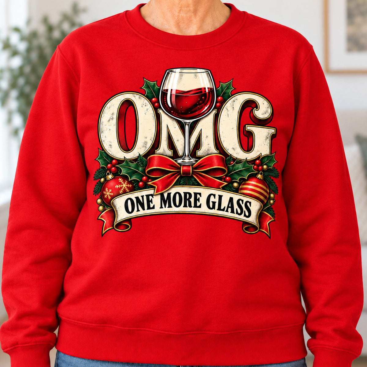 OMG One More Glass sweatshirt in Red, close-up of the print, worn by Barbara. Barbara is 5′5″ and wears her usual size L. [bb c=red r=close]