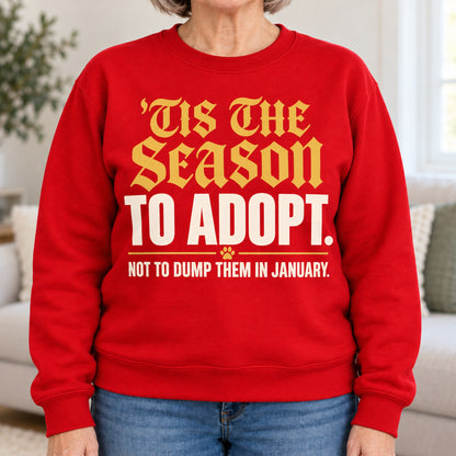 'Tis The Season To Adopt sweatshirt in Red, close-up of the print, worn by Carol. Carol is 5′4″ and wears her usual size L. [bb c=red r=close]