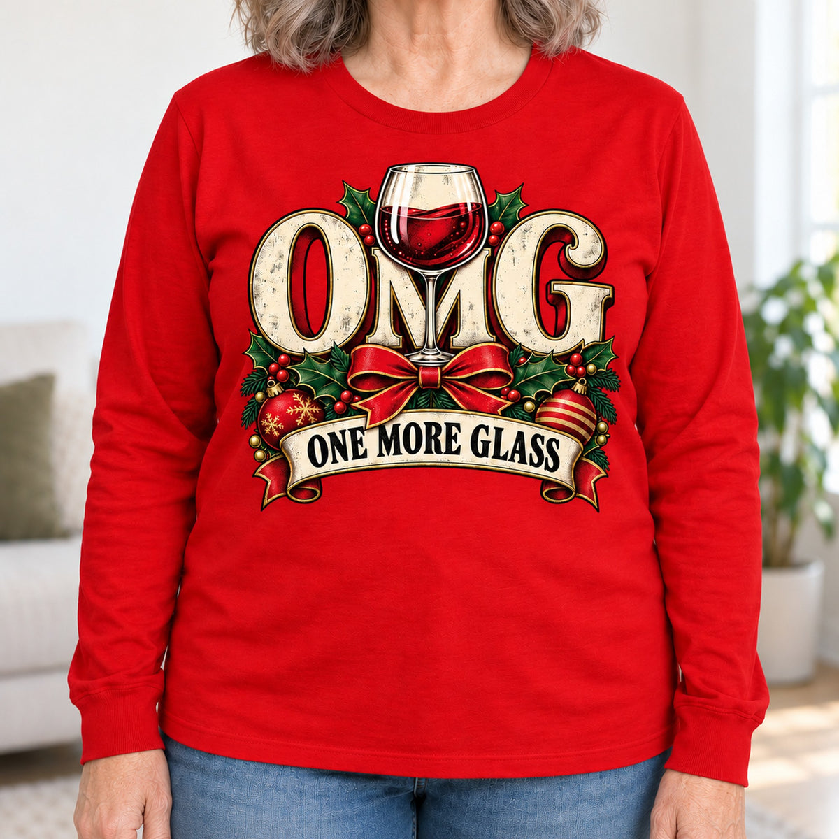 OMG One More Glass long sleeve in Red, close-up of the print, worn by Sharon. Sharon is 5′6″ and wears her usual size L. [bb c=red r=close]