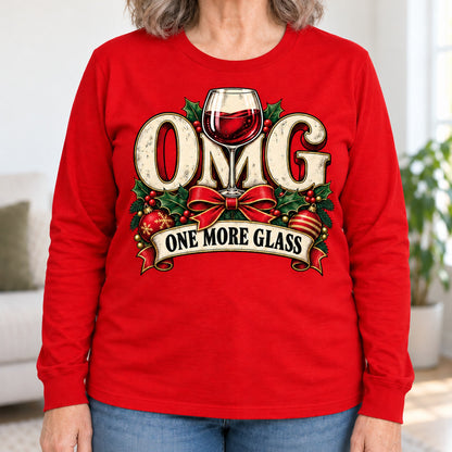 OMG One More Glass long sleeve in Red, close-up of the print, worn by Sharon. Sharon is 5′6″ and wears her usual size L. [bb c=red r=close]