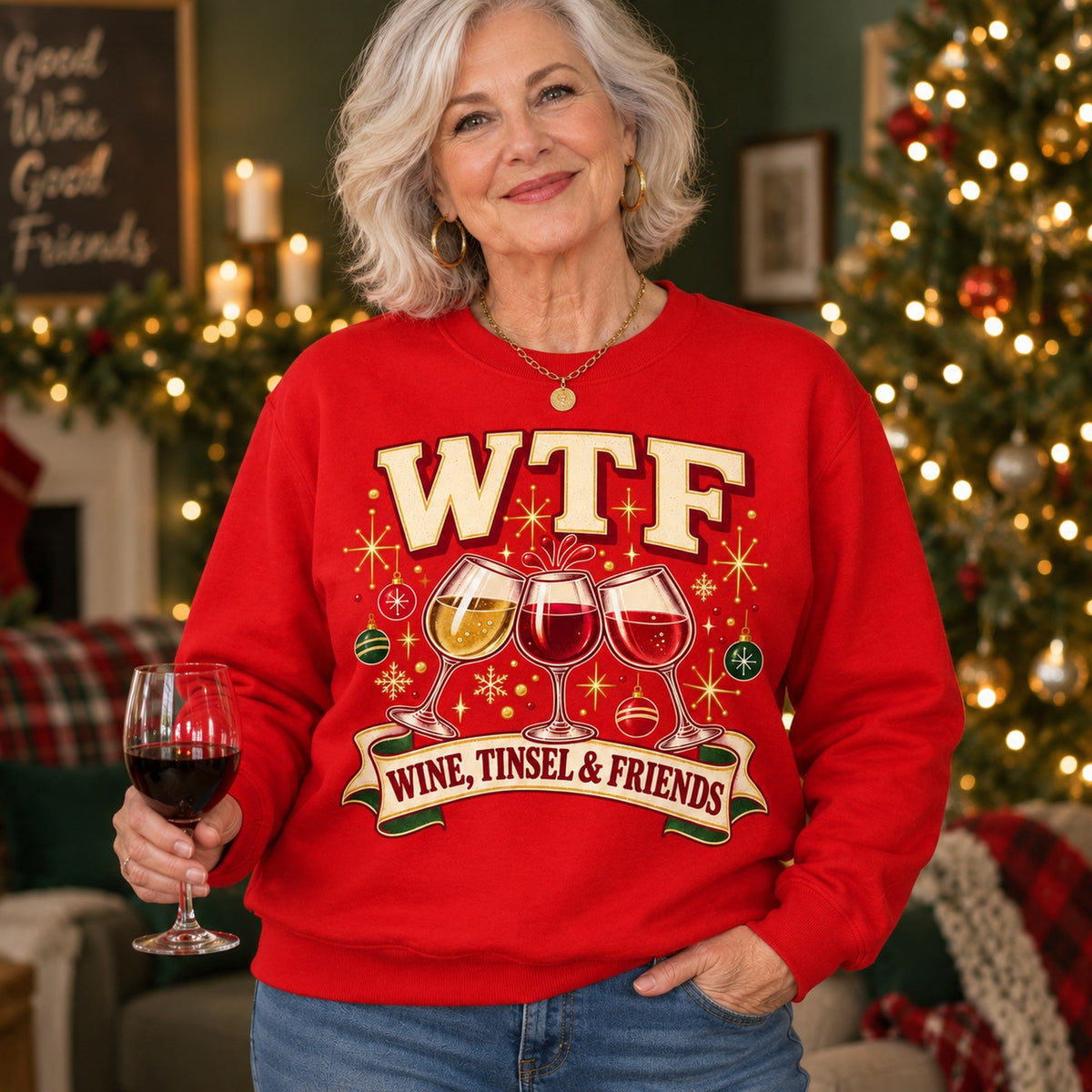 WTF Wine, Tinsel & Friends sweatshirt in Red, close-up of the print, worn by Kathy. Kathy is 5′5″ and wears her usual size L. [bb c=red r=close]