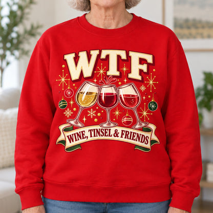 WTF Wine, Tinsel & Friends sweatshirt in Red, close-up of the print, worn by Kathy. Kathy is 5′5″ and wears her usual size L. [bb c=red r=close]