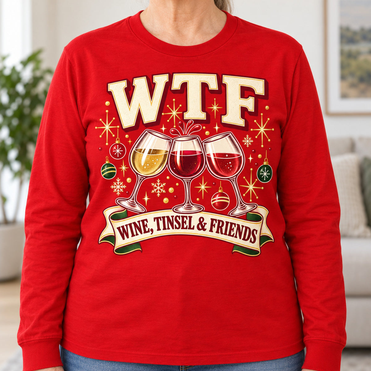 WTF Wine, Tinsel & Friends long sleeve in Red, close-up of the print, worn by Peggy. Peggy is 5′6″ and wears her usual size L. [bb c=red r=close]