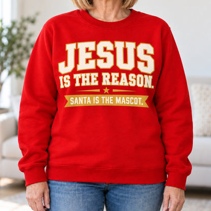 Jesus Is The Reason sweatshirt in Red, close-up of the print, worn by Patty. Patty is 5′6″ and wears her usual size L. [bb c=red r=close]