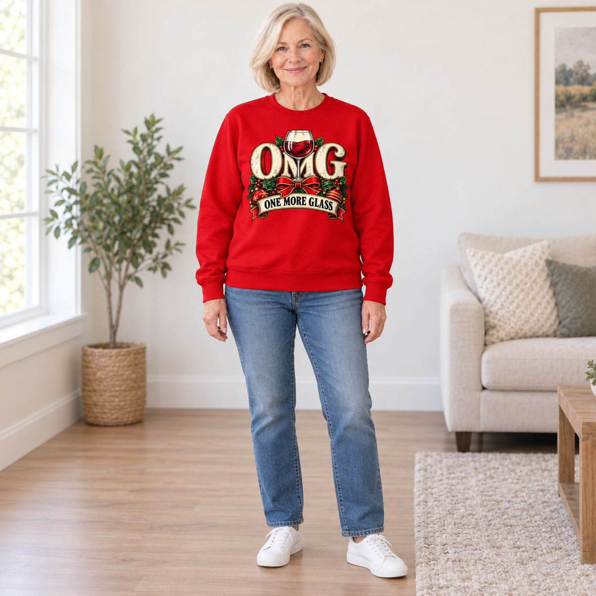 OMG One More Glass sweatshirt in Red, full length, worn by Barbara. Barbara is 5′5″ and wears her usual size L. [bb c=red r=fit]