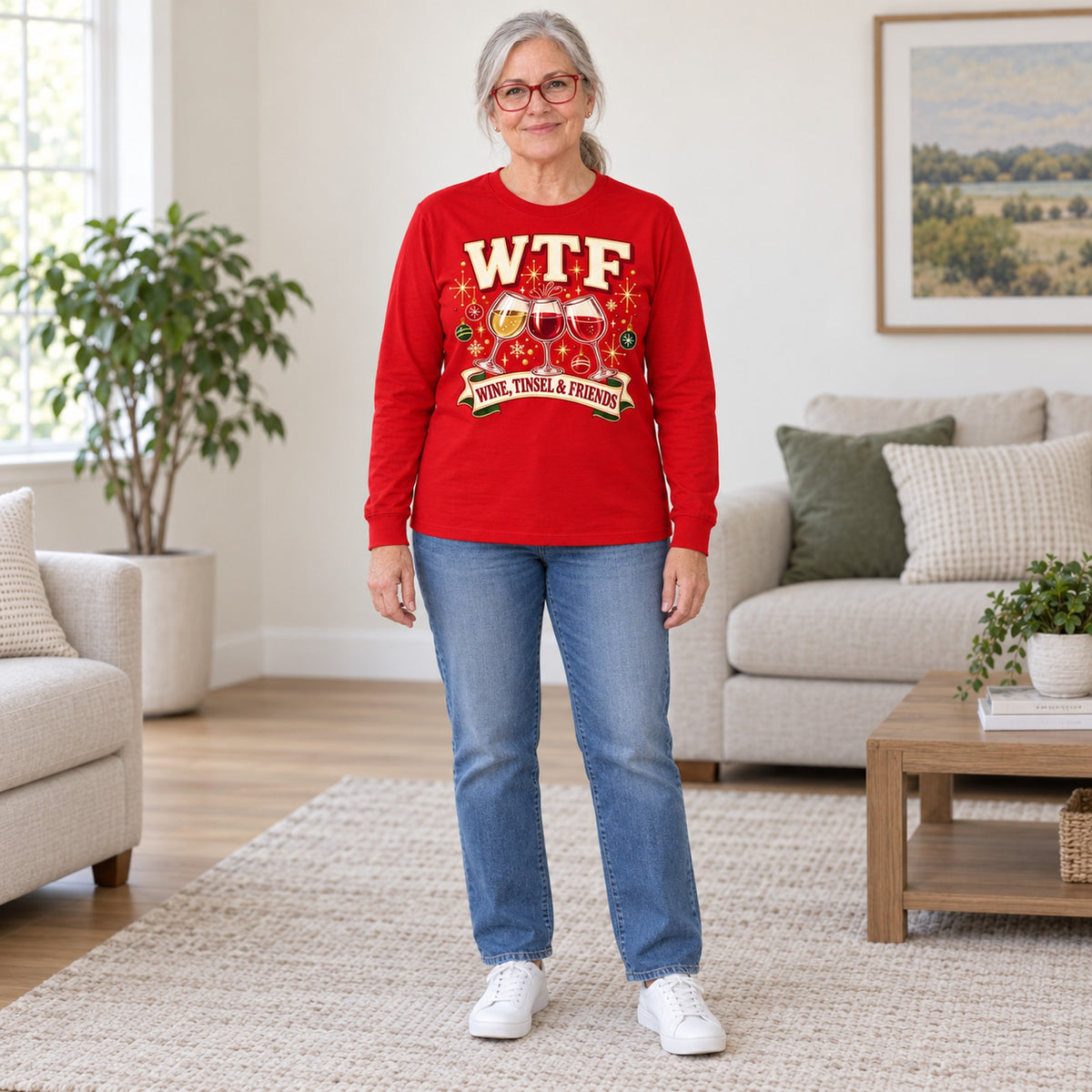 WTF Wine, Tinsel & Friends long sleeve in Red, full length, worn by Peggy. Peggy is 5′6″ and wears her usual size L. [bb c=red r=fit]
